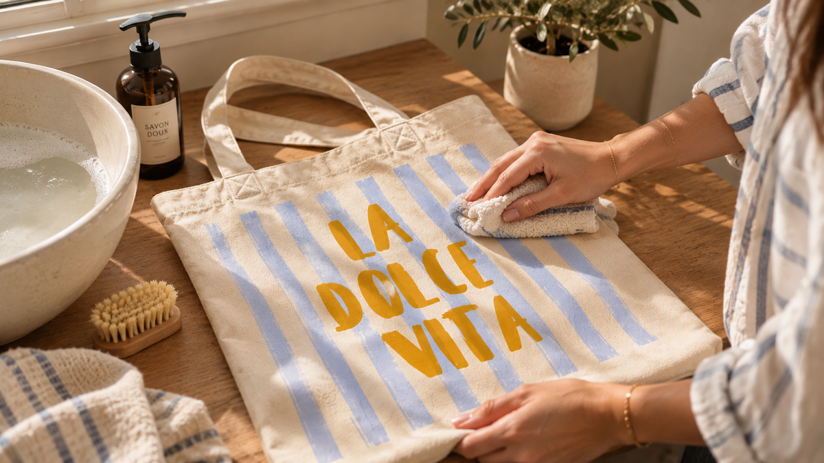 Nettoyage délicat à la main d'un tote bag imprimé Sunny Society avec un chiffon humide