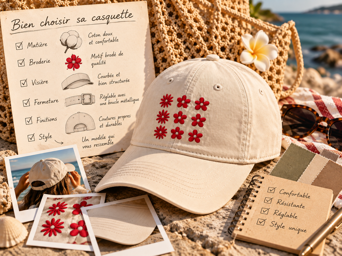 casquette beige Sunny Society à fleurs rouges brodées, avec les critères de matière, broderie, visière, fermeture et finitions.