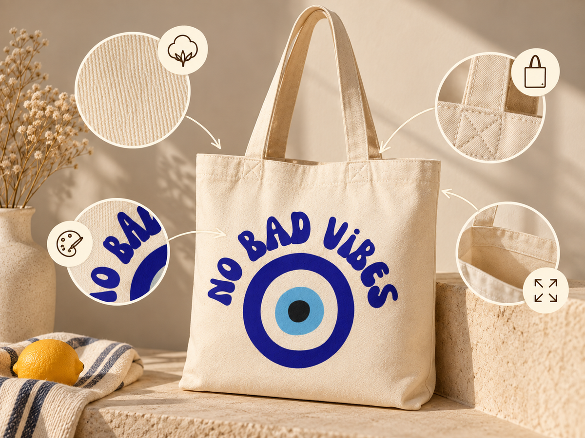 Tote bag en coton beige Sunny Society au motif bleu NO BAD VIBES, entouré de détails illustrant la qualité de la toile, de l'imprimé, des anses et des finitions.